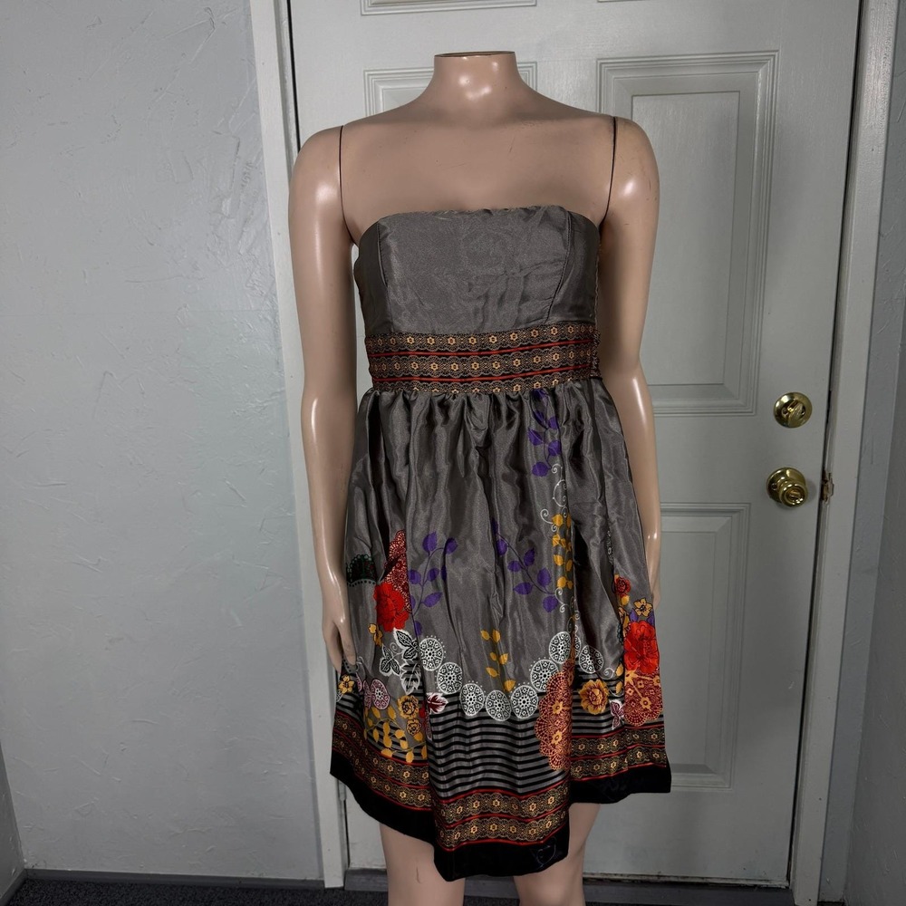 Vintage Y2K Charlotte Russe Dress S Polyester Satin Floral Strapless Smocked W7